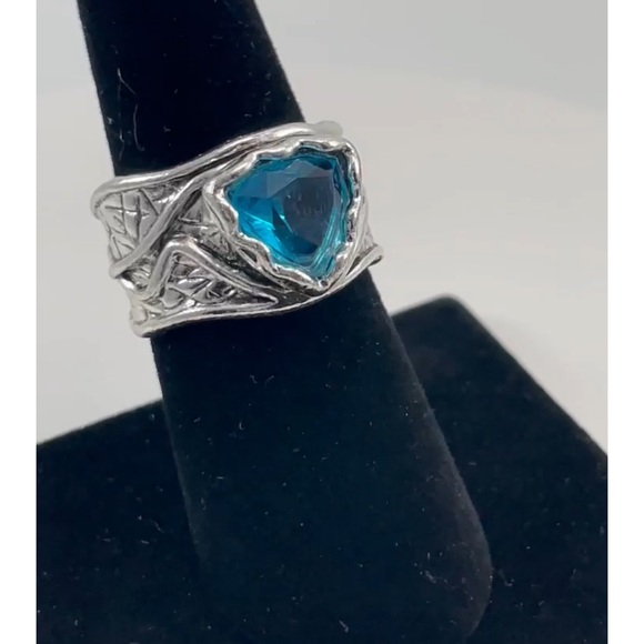 BOHEMIAN Ring Chunky Bright Blue Diamond CZ SilverTone Band Witchy Fairy Forest - Picture 1 of 9